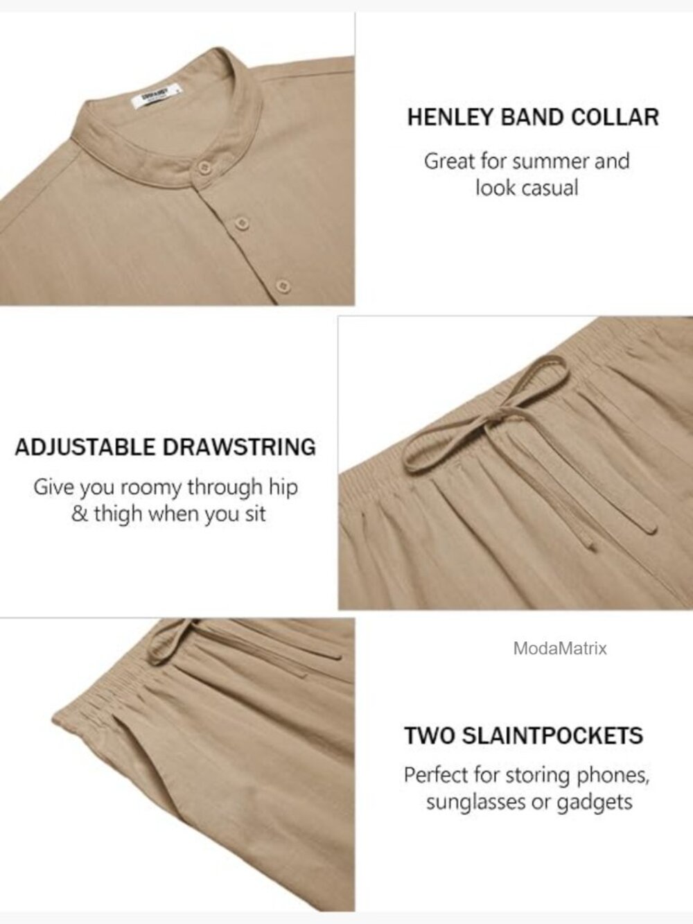Men's 2 Piece Cotton Henley Short Sleeve Shirt and Pants Set Summer Outfit - Picture 5 of 7
